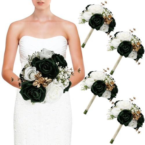 Wedding Bridesmaid Bouquets Set of 4, Artificial Silk Flowers Arrangement for Ceremony Marriage Proposal Party Anniversary Decorations - Emerald Green & Gold & White - color: Emerald Green & Gold & White, size: Set of 4 Bouquets