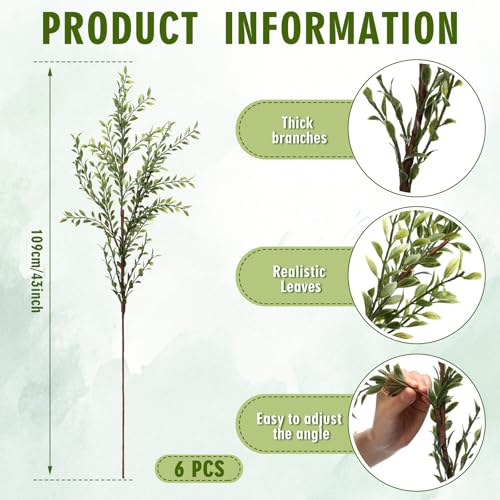 Suncalla 43" Artificial Eucalyptus Branches for Summer Home Decor, Tall Faux Greenery Stems for Vases, Centerpieces, Wedding Arrangements, Table Displays, Farmhouse Modern Floral Decorations(6 Pack)