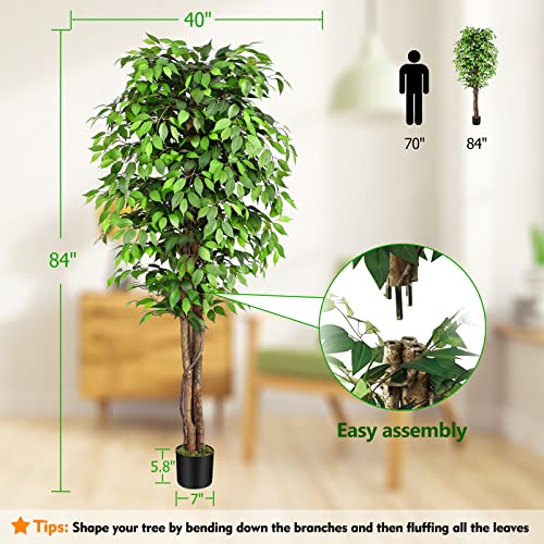 7ft Large Ficus Artificial Trees with Natural Curved Trunks, 84" Tall Lush Faux Tree for Home Decor Indoor, Green Lifelike Fake Ficus Tree Artificial Plants in Pot - size: 7.2ft