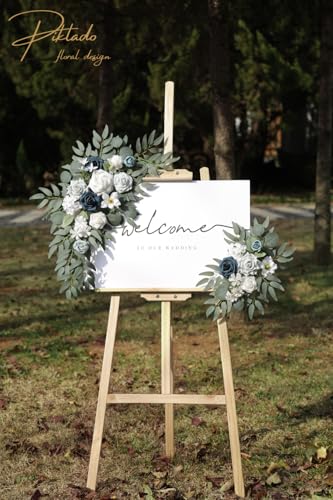 Faux Flower Swag Set of 2 for Wedding Welcome Signs Floral Swag Wedding Reception Ceremony Signs Decor (A-White Blue) - color: A-white Blue