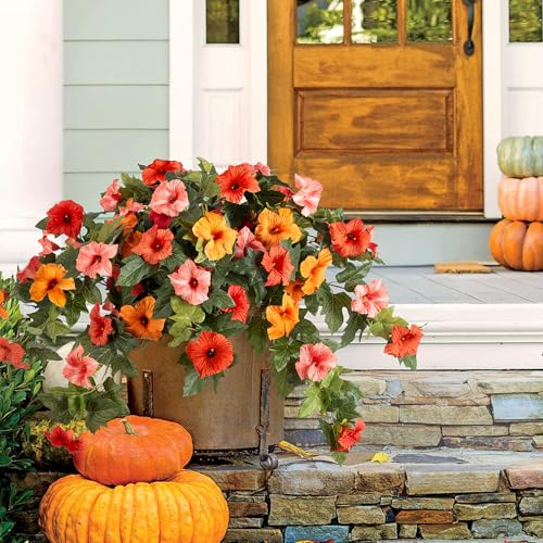 Artificial Fake Flowers for Outdoor Spring Decoration, 2PCS Faux Silk Petunias No Fade UV Resistant Flowers for Outside Garden Porch Yard Balcony Patio Realistic Indoor Decor(Orange) - color: E-orange Yellow