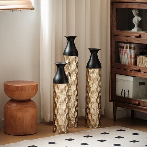 Metal Floor Vases Decorative, Set of 3 Flower Arrangement Stand, Metal Decorative Vase Tall Distressed Metallic Centerpiece Vases with 3D Triangle Pattern, 33.8", 29", 24.8" H (Black1＆Gold1) - color: Black1＆gold1