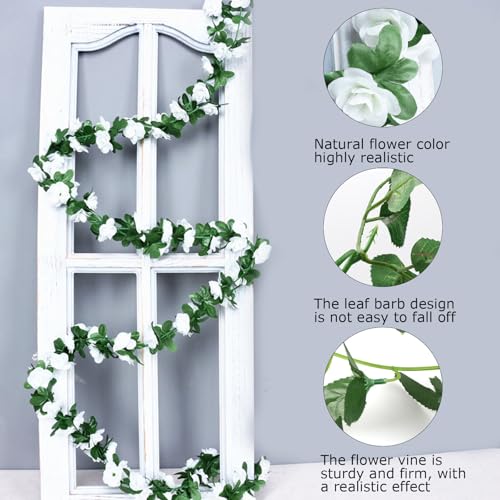 4Pcs Artificial Rose Vines Faux Flowers Garland with Green Leaves Fake Hanging Floral Plants for Home Bedroom Garden Decor,Christmas Anniversary Wedding Birthday Party Decoration (White) - color: White, size: 4Pcs-small rose