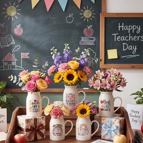 6 Pieces Teacher Appreciation Gifts, Teacher Flower Vase with Small Handle, Ceramic Rainbow Vases, End of School Year & Graduation Thank You Gifts for Women Christmas Teachers Appreciation