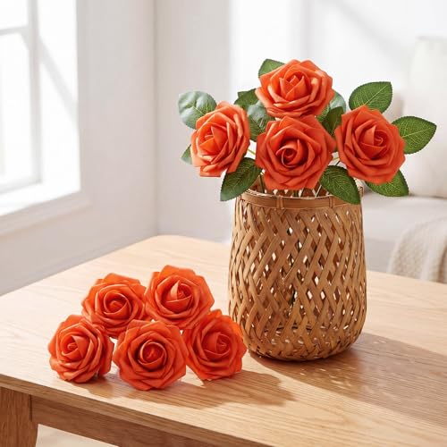 50 Pcs Artificial Foam Rose Flower Faux Bouquet Wedding Fake Rose Gift for Mother's Day Women DIY Bridal Shower Party Table Birthday Home Spring Decor (Burnt Orange) - color: Burnt Orange