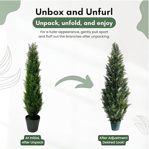4 Feet Outdoor Artificial Topiary Cedar Tree, Set of 2 UV Resistant Potted Faux Cedar Trees for Outdoors and Indoors, Decorative Fake Shrubs Topiary Trees for Home Living Room Front Door Decor - size: 4 feet