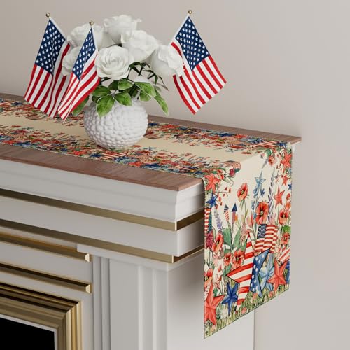 XCHI Watercolor Flowers America Stars Fireworks Memorial Day Table Runner 4th of July Patriotic Independence Day Table Decoration for Party Home Kitchen Dining Holiday Decor 13x72 Inch - size: Table Runner 13x72 Inch