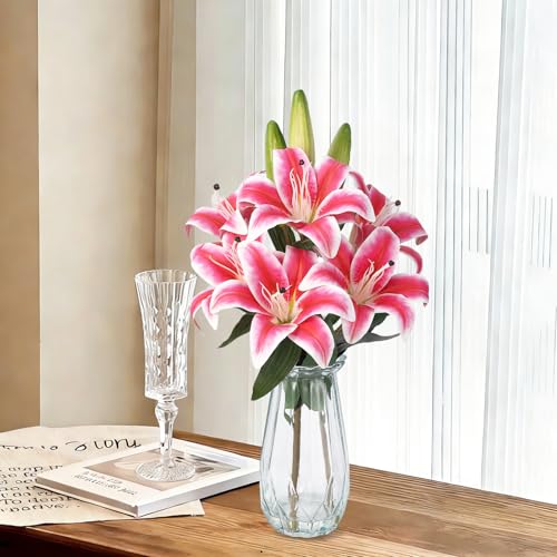 6 Pcs Artificial Lily Flowers with Glass Vase, 19.7" Faux Stargazer Lily Stems with 2 Blooms and 1 Bud Each, Faux Tiger Bouquets for Home, Hotel, Party Flower Arrangement Decor (Magenta Red) - color: Magenta Red, size: Lily