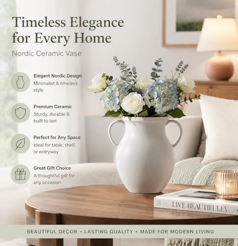 hjn Large Matte White Ceramic Vase for Dried Pampas Grass & Fresh Flowers, Nordic Farmhouse Statement Piece for Living Room Entryway Corner-Large (10" H) - size: D10xH10 inch