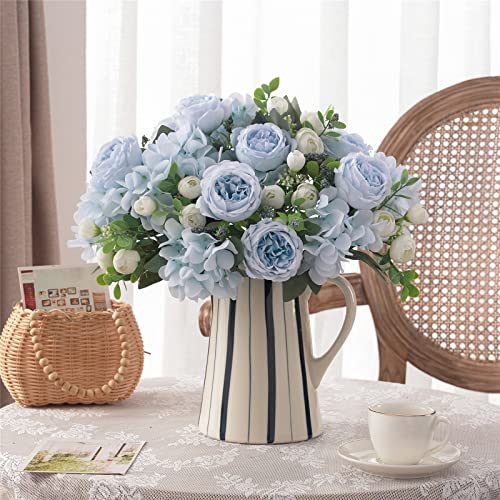 4 Bunches Artificial Flowers for Decoration Blue Peonies Fake Roses Arrangements Table Centerpiece Faux Flores for Wedding Home Vase Decor - color: Blue & White