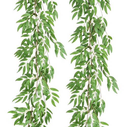 RECUTMS Artificial Willow Leaves Garland 2 Pcs Fake Hanging Vines Plants Artificial Silk Ivy Greenery 6.5 Ft Faux Evergreen Wreaths for Wedding Indoor Outdoor Garden Party Table Decor (Light Green) - color: Willow Vines Light Green 2pcs