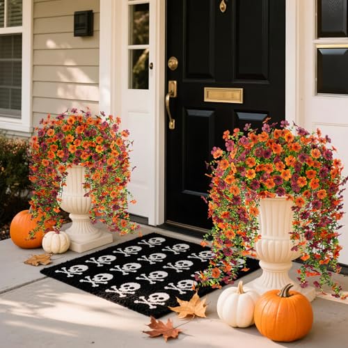Ammyoo Artificial Hanging Flowers for Outdoors Fake Mums Fall Decoration, 2 Pcs Faux Silk Daisy Flower Realistic Outside Plants UV Resistant Porch Patio Window Yard Indoor Decor(Orange Brown) - color: Dorange Brown