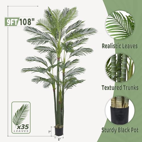 Roselywed Artificial Areca Palm Tree 9FT with 35 Leaves Deluxe Realistic Tall Large Fake Faux Tropical Silk Plant 108 Inch Black Pot for Indoor Home Office Porch Mall School Decoration - size: 9ft