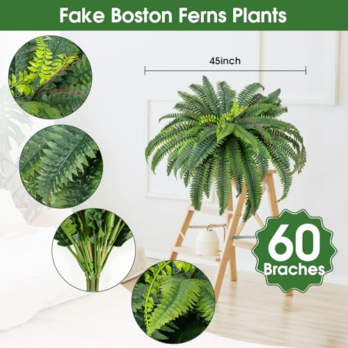 CQURE 45" Fake Ferns Artificial Plants Large,Set of 4 Artificial Boston Ferns Hanging Fake Plants for Outdoors Planter Home Garden Decor,60 Branches - size: 45'' 60 leaves-4pcs