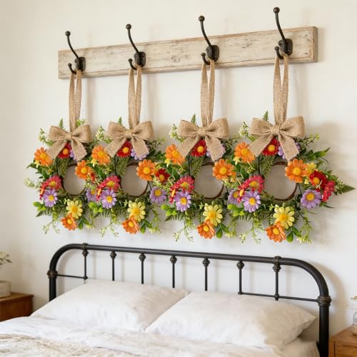 6 Pcs Mini Flowers Wreaths for Cabinets with Orange Red Purple Yellow Daisy Floral Artificial Spring Summer Small Candle Rings Wreath for Home Front Door Window Farmhouse Porch Wall Hanging Decor - color: Colorful Daisies