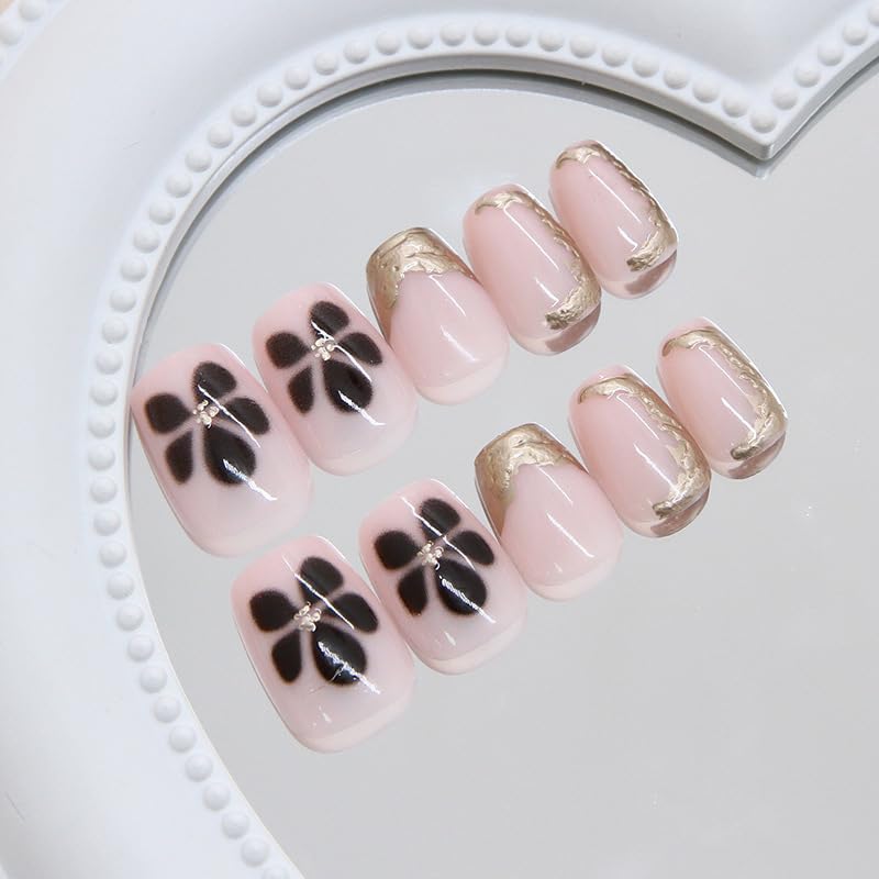 Fall Press on Nails Brown Flower Fake Nails French Tip False Nails with Gold French Designs Autumn Square Glue on Nails Thanksgiving Stick on Nail Cute Acrylic Nail Full Cover Glossy Artificial