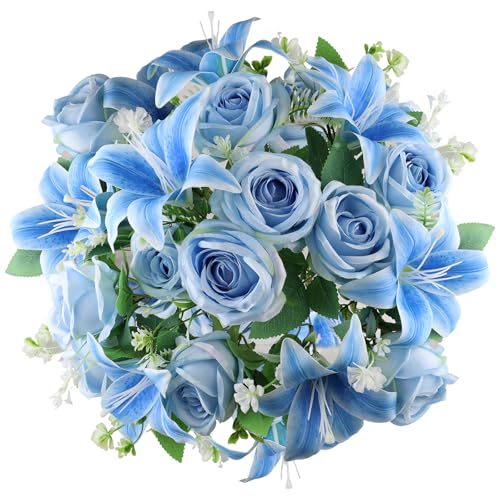 2 Set Artificial Cemetery Flowers with Grave Vase-2 Bunches Lilies & Rose Mixed Blue Silk Memorial Flowers-2 Cemetry Vase with Foam for Outdoor Headstones Gravesite Graveyard Decorations - color: Blue