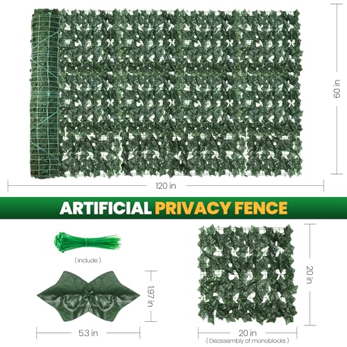 KASZOO Artificial Ivy Privacy Fence Screen, 120x60in, 18 Pack, Green, Modern Style, Plastic & Polyethylene Material, Easy Assembly, Perfect for Balcony, Garden, Backyard Privacy - size: 120 in x 60in - Maple Leaf