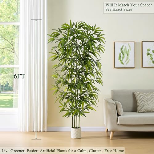 Artificial Bamboo Tree: 6FT Fake Bamboo Plant Faux Tall Nandina Tree with Dense Green Leaves in Woven Planter for Indoor Home Decor Office Living Room Corner Decoration Zen Oriental Minimalism