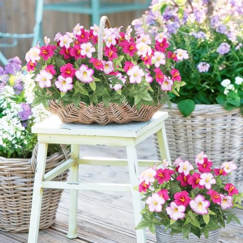 2Pcs Artificial Flowers for Outdoors Fake Plants Outside Spring Summer Decoration Realistic Silk Morning Glory UV Resistant Faux Flowers for Planter Patio Yard Garden Porch Magenta Light Purple - color: Magenta, Light Purple