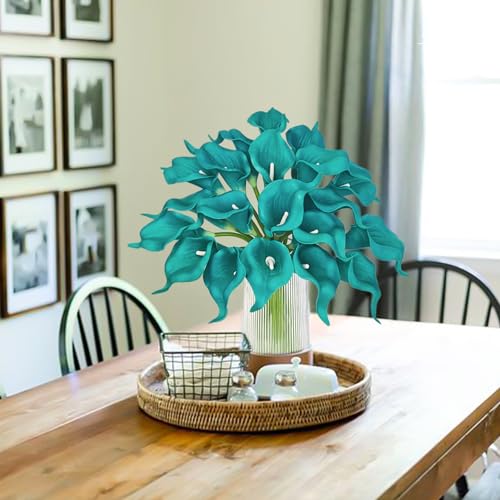 Letjolt Teal Calla Lily Artificial Flowers 20 Pieces Bouquet | Wedding Bouquet, Bride Shower Gift, Home Decoration, Faux Flowers - color: Teal Blue