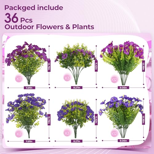Artificial Morning Glory UV Resistant 36 pcs Purple Spring Artificial Flowers Outdoors, Realistic Faux Silk Morning Glory Fake Morning Glory Plants for Garden Porch Planters Window Wedding Decor - color: Purple＆ Fuchsia（with Green Ferns）, size: 36 pcs