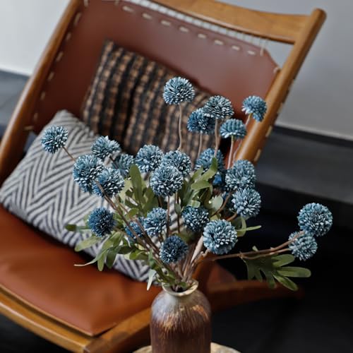 6 Pcs Faux Silk Pompon Mum Artificial Flowers, Silk Small Mini Chrysanthemum Ball with Long Stems, for Wedding Champagne Arrangements Bouquets Centerpieces Home DIY Decorations, No Vase, White - color: Blue