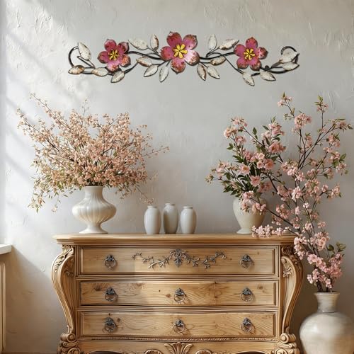 Wesiti Metal Flower Wall Decor Vintage Metal Flower Wrought Iron Scroll Sculpture 15.7''x3.7'' Not 3D, Flat Farmhouse Leaf Wall Decor with Nails for Summer Bedroom Kitchen Indoor Outdoor(Pink) - color: Pink