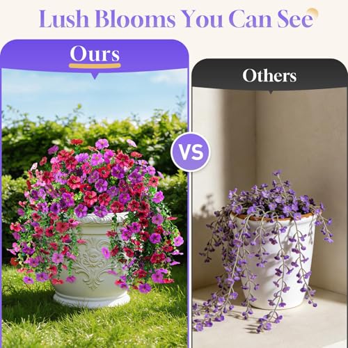 BlessedSeason 2 Pcs Artificial Hanging Flowers, UV Resistant Fake Flowers with Flexible Stems, Full Bundle Faux Flowers for Outdoor Planters, Zero Maintenance for Patio, Garden, Balcony, Red Purple - color: Red Purple, size: 2 PCS