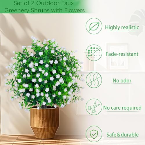 THKFUL Artificial Flower Topiary Ball Trees Outdoor Set of 2 - White Boxwood Ball Fake Plants with Ground Spike,23" Realistic Faux Shrubs UV Resistant for 4th of July Front Porch Window Box Decor - style: White