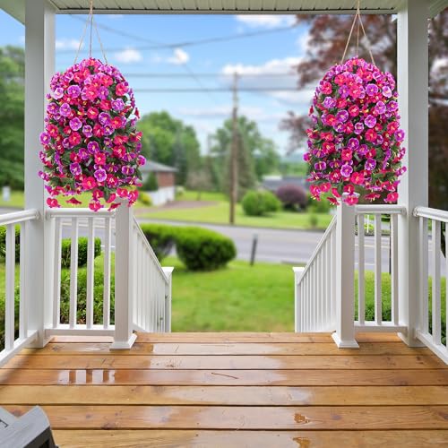 Artificial Fake Hanging Flowers Plants for Outdoor Outside Spring Summer Decoration 2PCS Faux Silk UV Resistant Realistic Morning Glory Trailing Vines for Home Porch Patio Balcony(Rose red & Magenta) - color: Rose Red & Magenta, size: 2Pcs