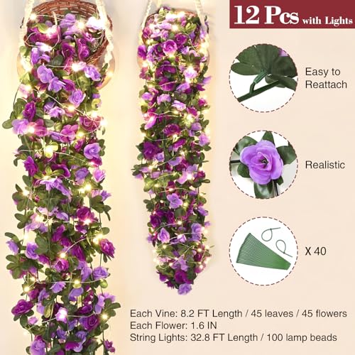 BLEUM CADE 12Pcs 98.4Ft Flower Garland Artificial Rose Vines with 98.4Ft String Lights, Cute Fake Hanging Flower Vines Floral Garland Decorations for Wedding Party Wall Room Decor Aesthetic - color: Purple With Lights, size: 12 Pcs