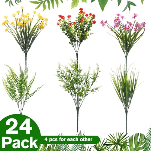 Cindeer 24 Bundles Artificial Flowers Planters Bulk for Outdoors, UV Resistant Artificial Fake Greenery Plastic Faux Flowers Plant Outdoor Indoor Spring Summer for Decors Wedding(Sweet Color) - color: Sweet Color