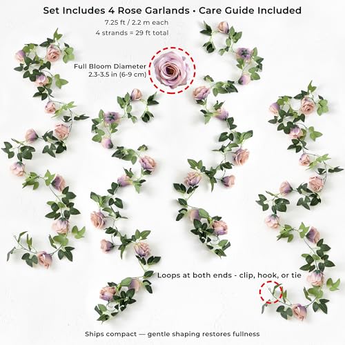FiveSeasonStuff Smoky Purple Rose Silk Flower Garland Artificial Flowers Decoration Hanging Floral Décor for Wedding Baby Shower Birthday Party Garden 29 Ft 4 Pack - color: Smoky Purple
