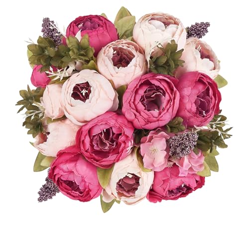 Mkono Peonies Artificial Flowers, 2 Packs 13 Stems Faux Peony Flowers Real Touch Fake Silk Bouquet for Arrangements Dining Table Centerpieces for Kitchen Bridal Wedding Party (2, Dark Pink) - color: Dark Pink