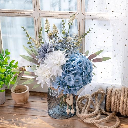 LUEUR Fake Flowers with Vase, Hydrangea Artificial Flowers in Vase Faux Flowers Arrangement Suitable for Home Kitchen Living Room Fall Spring Decor Office Decoration, Centerpiece Table Decorations - color: Blue-hydrangea