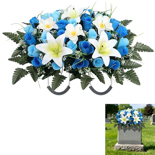Cemetery Flower Saddle - Grave Flowers for Cemetery,Artificial Rose, Lily & Orchid Arrangement for Headstone - All-Weather Grave Decor for Outdoor Tombstone Headstone Decorations (Blue) - color: Blue