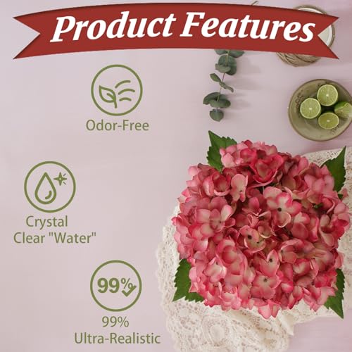 Rose Red Artificial Hydrangea Flowers with Glass Vase, Faux Floral Arrangements with Fake Water, Lifelike Hydrangeas Table Centerpieces for Dining Room, Coffee Table, Bathroom Decor - color: D-rose Red