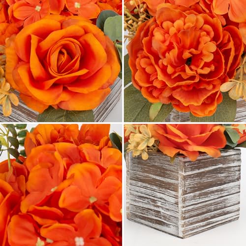 Flower Arrangement with Wooden Vase 8" Artificial Flowers in Pot - Fake Flowers Roses Peonies Hydrangeas in Wooden Vase Potted Artificial Flower Centerpieces for Table Decor Living Room - Burnt Orange - color: 8"h Burnt Orange