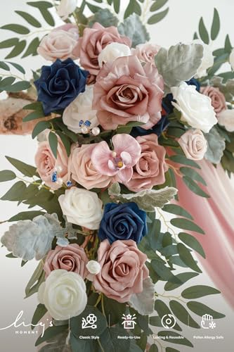 Ling's moment Pink Blue Artificial Wedding Arch Flowers Kit Pack of 4, 2pcs Hanging Flower Arrangement 2pcs Chiffon Drapes Ceremony Reception Fake Rose Arbor Backdrop Floral Party Outdoor Decorations - color: Pk-dusty Rose & Navy
