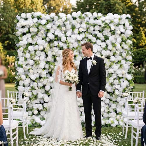 rosemorning 8x8FT White and Green Artificial Flower Wall Backdrop,5D Silk Flower Wall Panel for Wedding Party Birthday Baby Shower Photo Booth Decor Easy to Install Reusable - color: Eira-White, size: 8Ft*8Ft