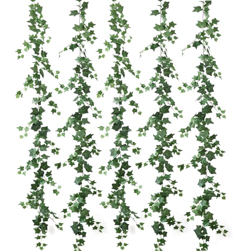 mizii 5 Pack 395" Artificial Vines Ivy Garland Fake Vine Realistic Silk Green Leaves Faux Hanging Plants Greenery Decoration for Outdoors Wedding Arch Party Indoor Mantle Bedroom Home Decor - color: Ivy