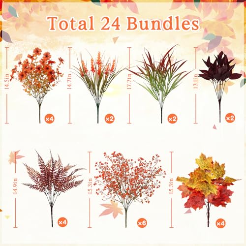 Dremisland 24 Bundles Artificial Fall Flowers for Decorations, Fake Mums Faux Plants UV Resistant Plastic Flowers for Autumn Thanksgiving Halloween Garden Yard Window Box Home Indoor Outside Decor - color: Fall Orange