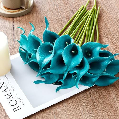 Teal Artificial Calla Lily 12Pcs Blue Real Touch Faux Flowers for Wedding Bouquet, Bride Bridal Shower, Spring Home Kitchen Table Decor, Fake Lilies for Centerpieces, Party Decorations - color: Teal Blue