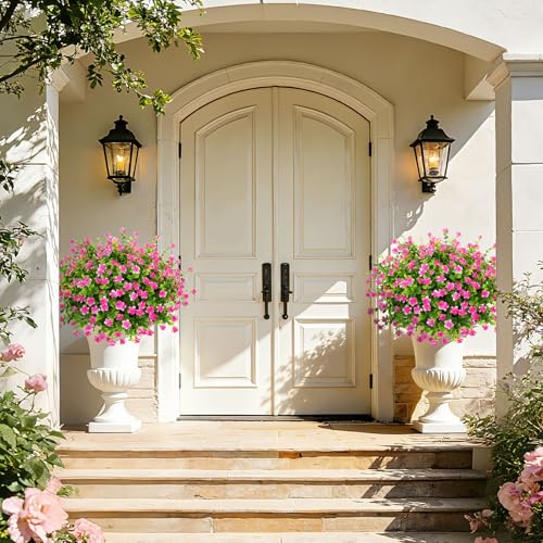Roberly 24 Bundles Artificial Flowers for Outdoors, UV Resistant Eucalyptus Fake Flowers Shrubs Greenery Plastic Plants for Garden Porch Window Box Farmhouse Indoor Home Decor, Pink - color: Pink
