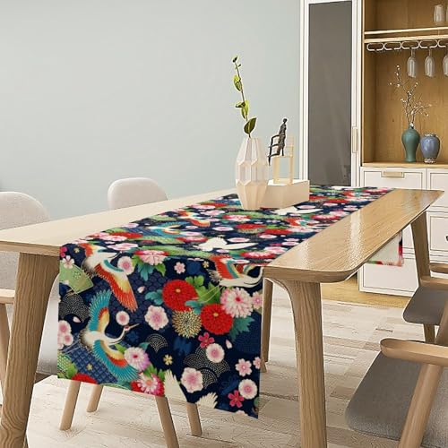 Japanese Crane Table Runner, Cherry Blossom Asian Pine Tree Spring Floral Japanese Background Table Runner for Home Kitchen Dining Patio Indoor Outdoor 13x36in - color: Aisa-8, size: 13x36in