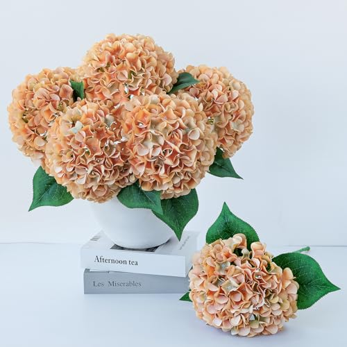 ZYTUYO 5 Pcs Peach Orange Silk Hydrangeas Artificial Flower Boho Dried Touch 20'' Faux Hydrangeas for Indoor Home Decor Kitchen Living Room Outdoor Porch Wedding Flower Arrangement - color: Peach Orange