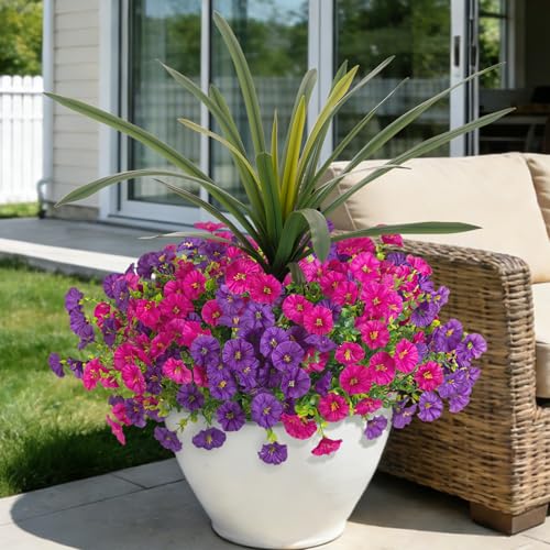 Artificial Flowers for Outdoors Fake Plants Outside, 12 Bundles Silk Morning Glory with Eucalyptus + Orchid Leaf UV Resistant Realistic Faux Flowers for Porch Planter Garden Patio (Purple Fuchsia) - color: Purple Fuchsia
