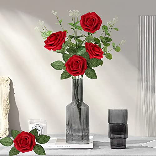 AmyHomie Artificial Flowers Dark Red Rose 25pcs Real Looking Fake Roses w/Stem for DIY Wedding Bouquets Centerpieces Arrangements Party Baby Shower Mothers Day Christmas Tree Decorations - color: Dark Red