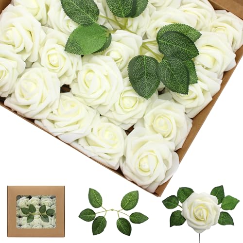 Artificial Flowers Milk White Roses 50PCS Real Looking Foam Fake Roses with Leaves and for DIY Wedding Bouquets Bridal Shower Centerpieces Party Decorations (Ivory) - color: Ivory, size: 50